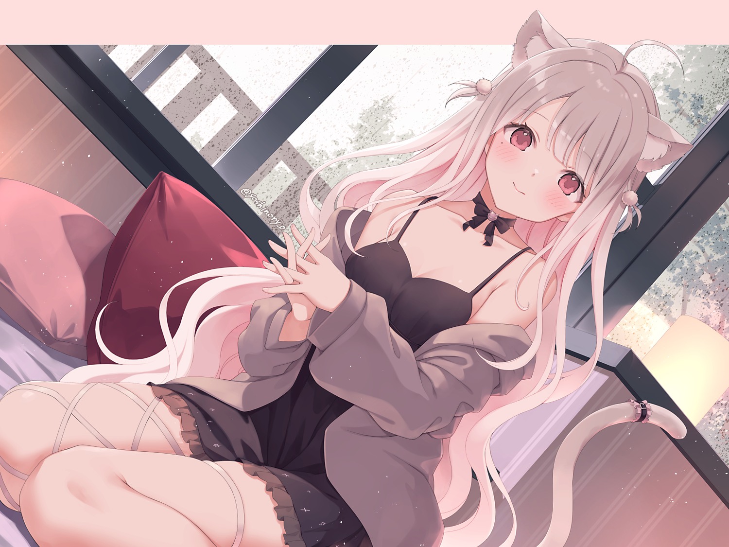 animal_ears, dress, garter, indie_virtual_youtuber, nekomimi, tail, uise_iu, yoshino_ryou