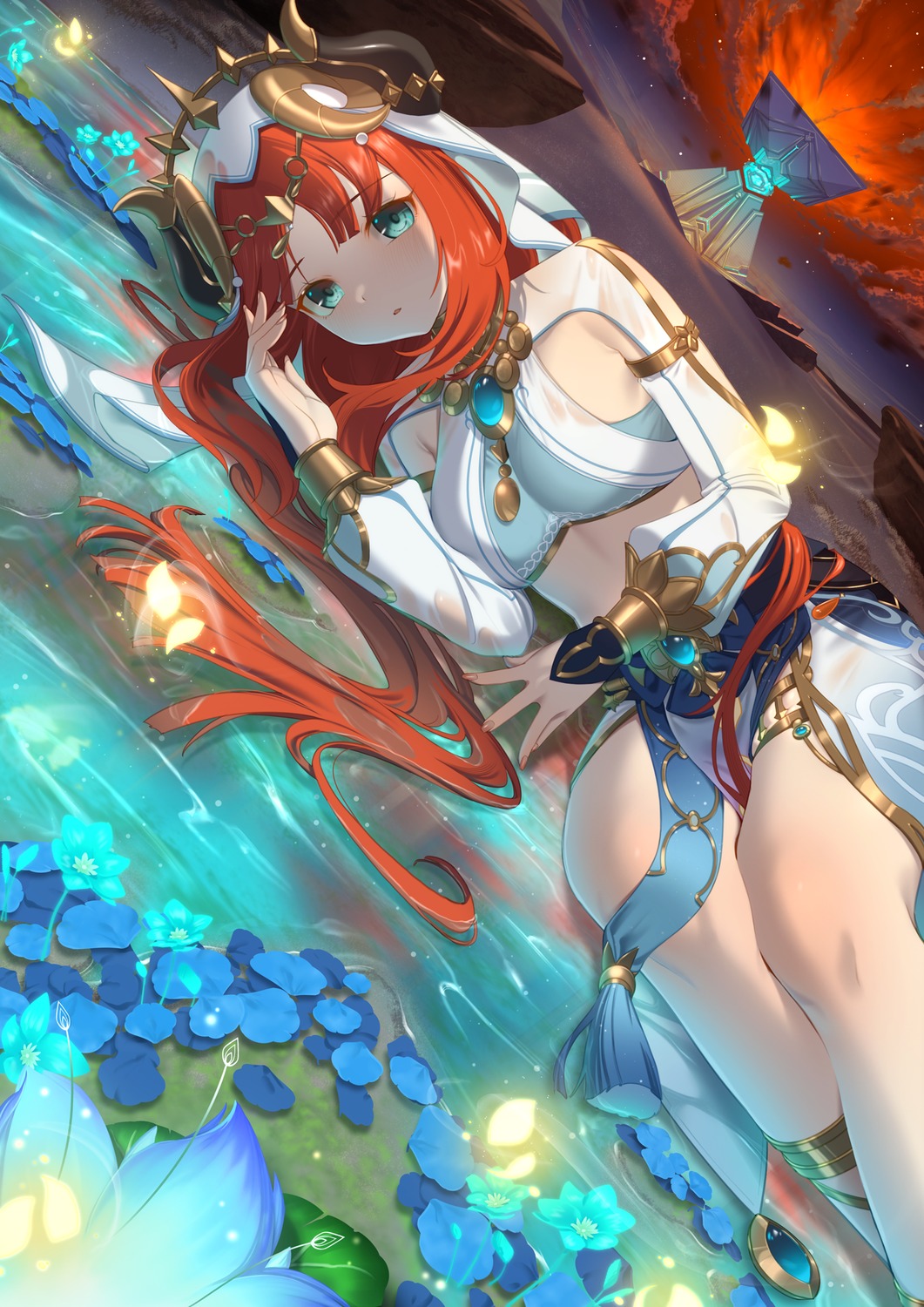 garter, genshin_impact, horns, meda, nilou, see_through