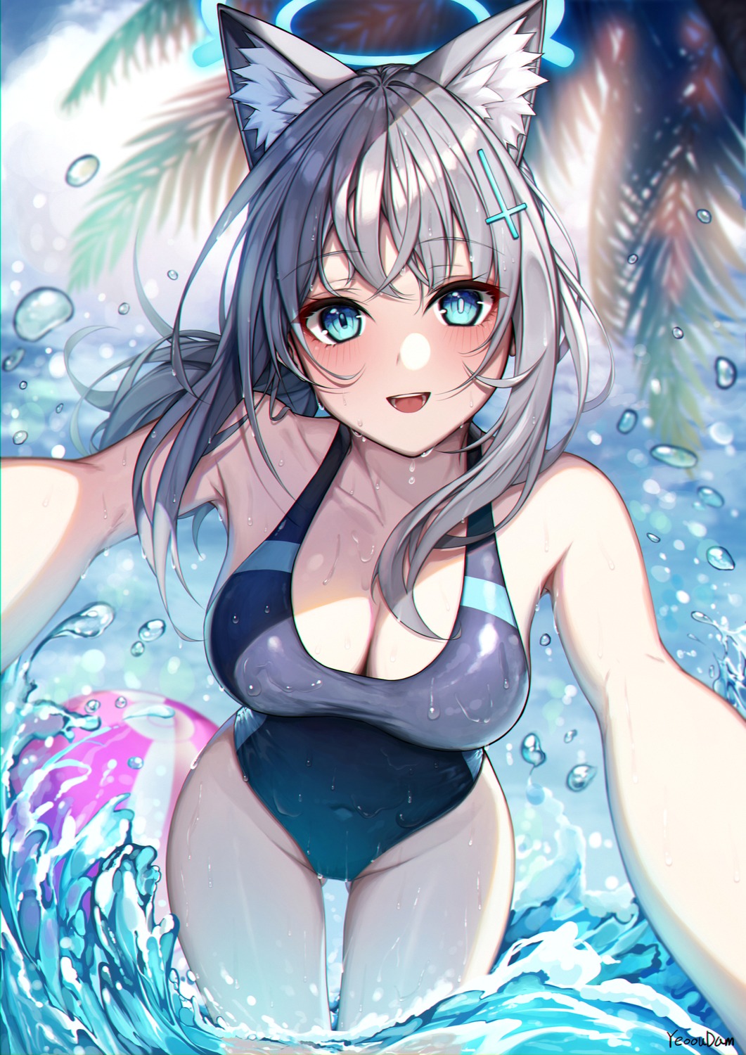 animal_ears, blue_archive, halo, nekomimi, sunaookami_shiroko, swimsuits, wet, yeoohdam