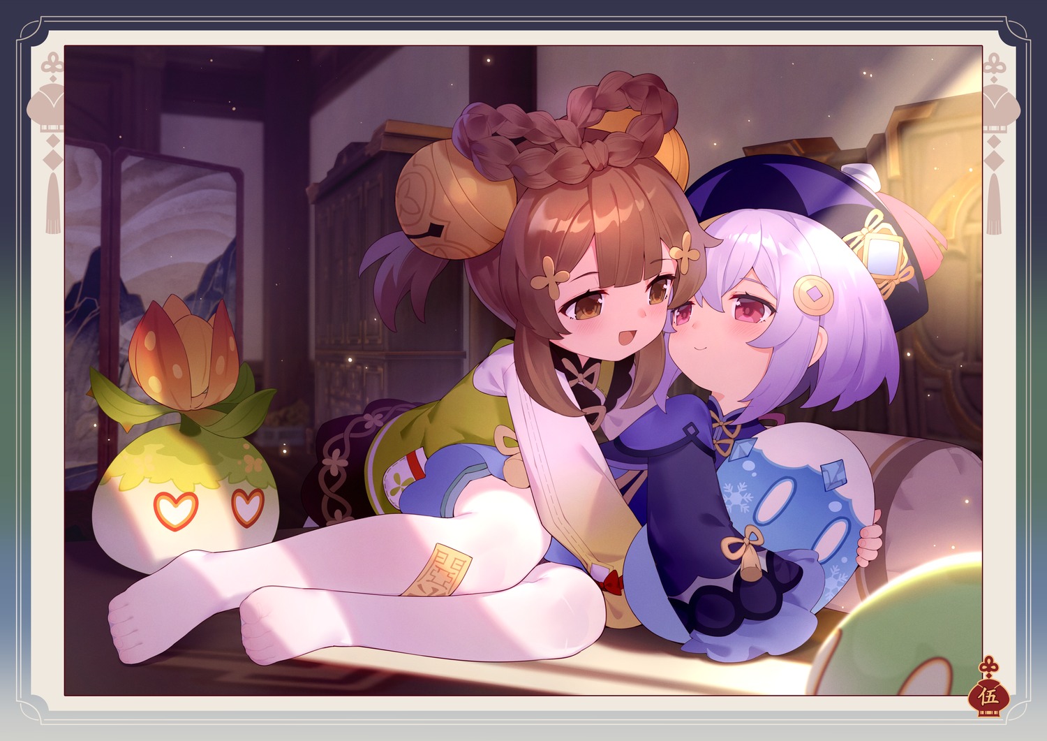 asian_clothes, genshin_impact, pantyhose, qiqi, tsubasa_tsubasa, yaoyao, yuri