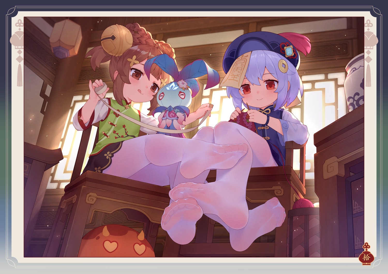 asian_clothes, feet, genshin_impact, pantyhose, qiqi, tsubasa_tsubasa, yaoyao, yuri