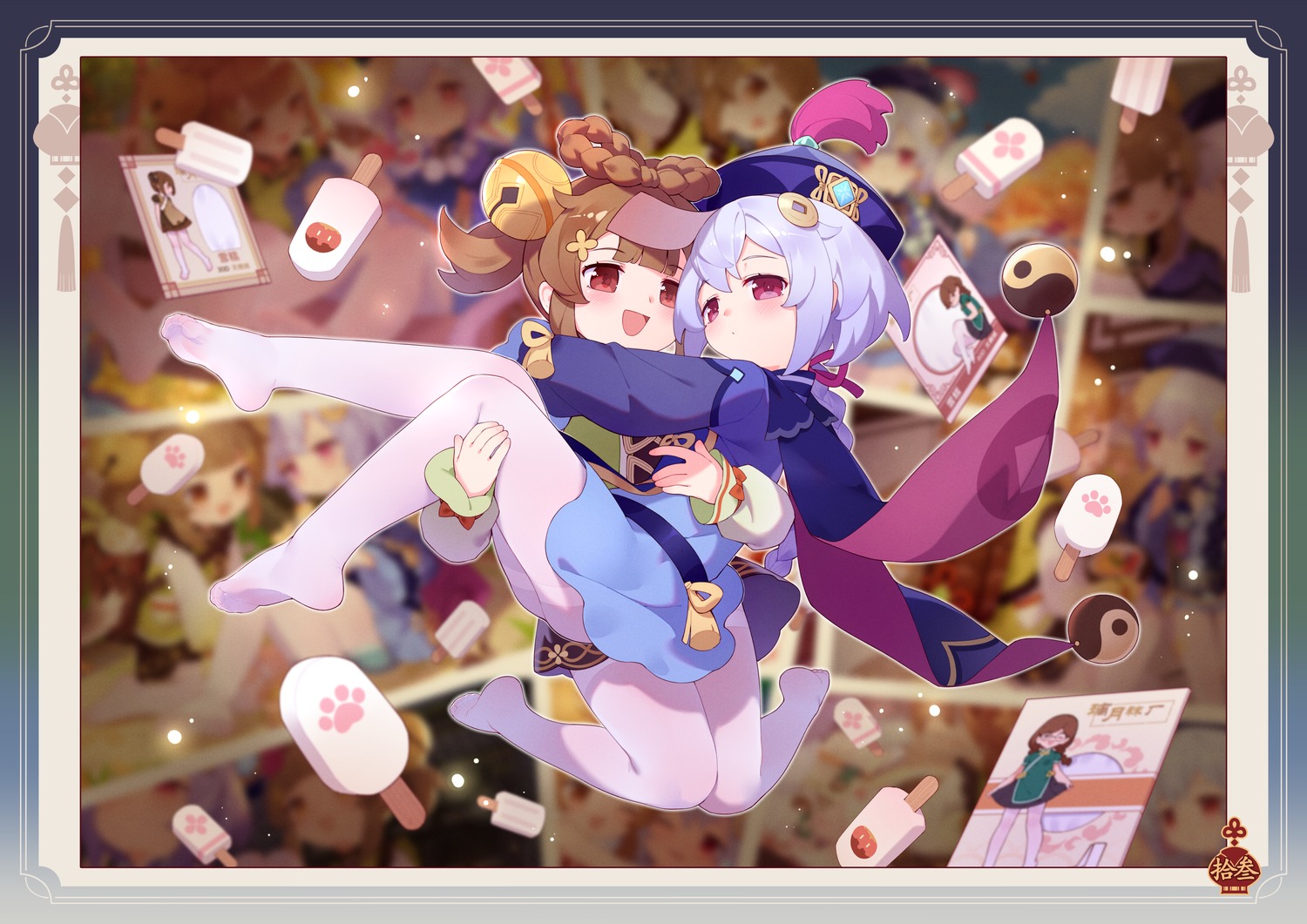 asian_clothes, genshin_impact, pantyhose, qiqi, skirt_lift, tsubasa_tsubasa, yaoyao, yuri