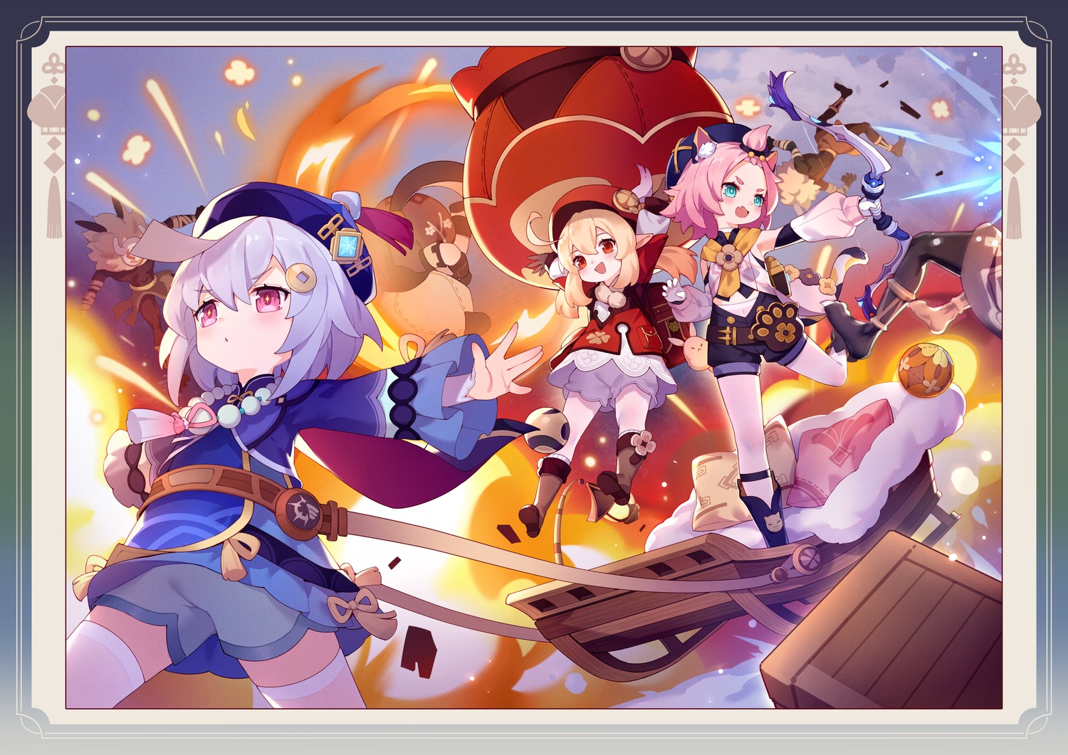 animal_ears, asian_clothes, bloomers, diona, dress, genshin_impact, klee, nekomimi