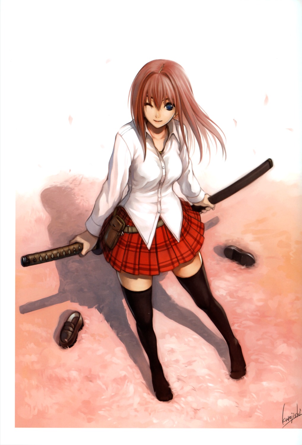 kurojishi, seifuku, sword, thighhighs
