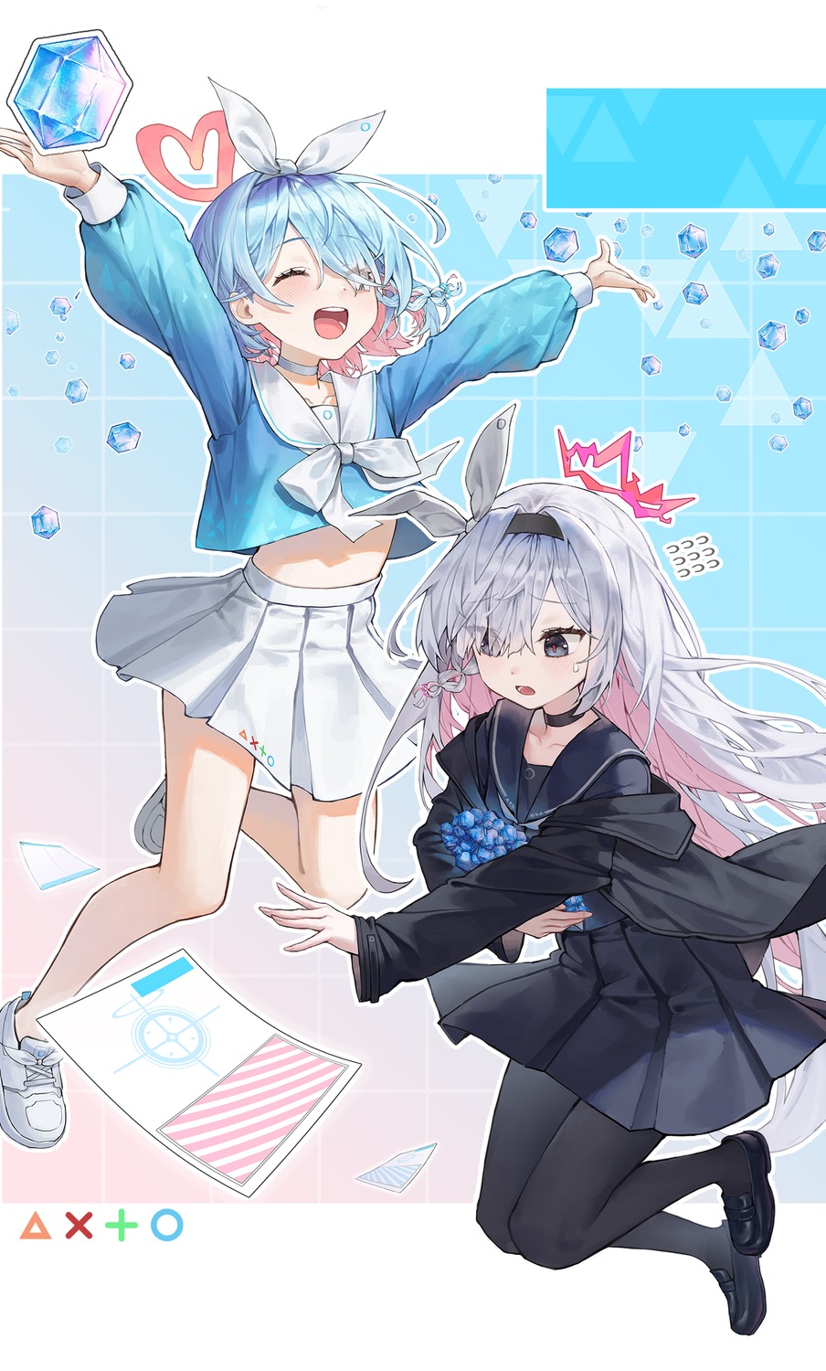 arona_(blue_archive), blue_archive, halo, pantyhose, plana_(blue_archive), seifuku, skirt_lift, tem