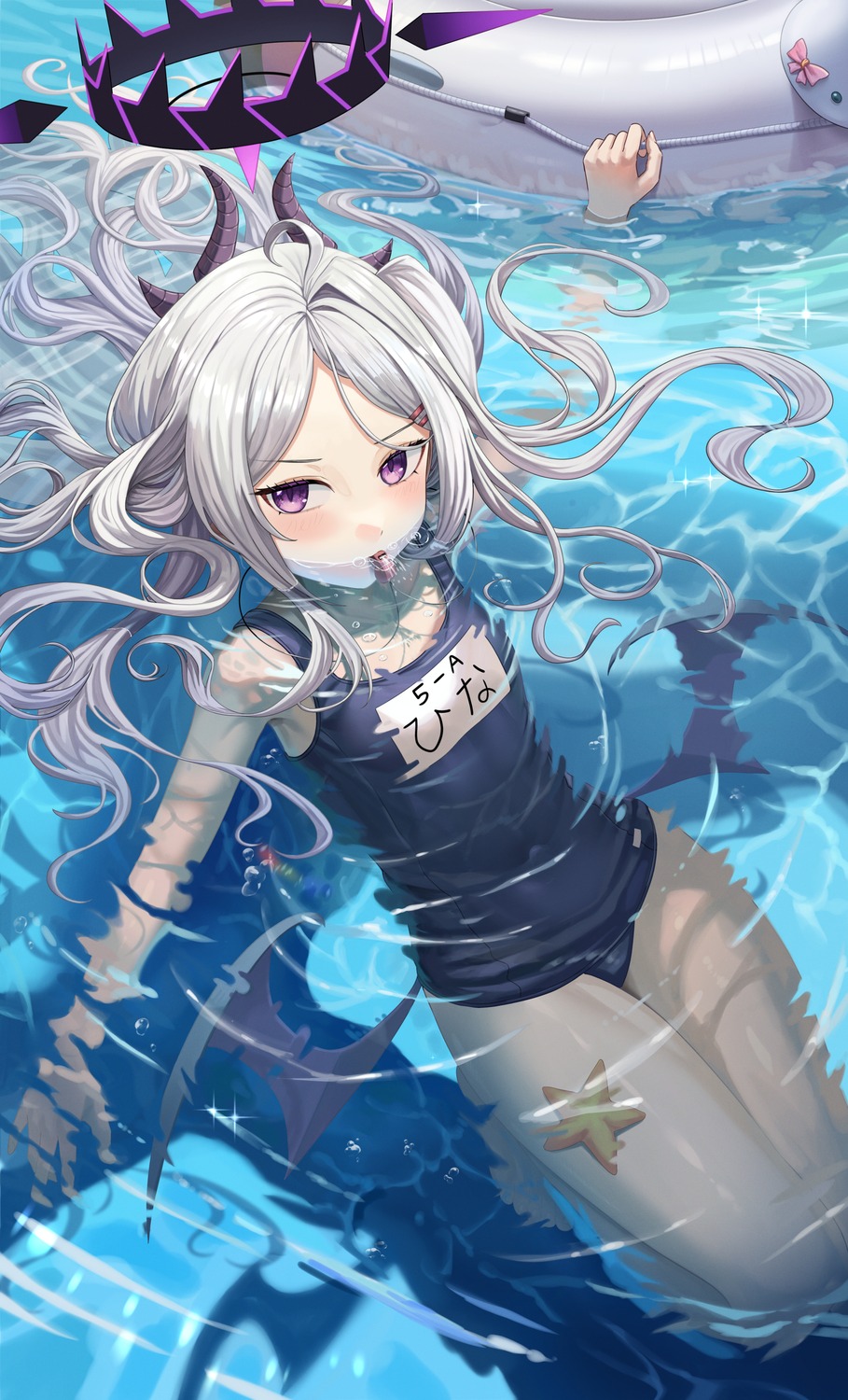 bathing, blue_archive, devil, halo, horns, school_swimsuit, silvertsuki1, sorasaki_hina, swimsuits, wet, wings