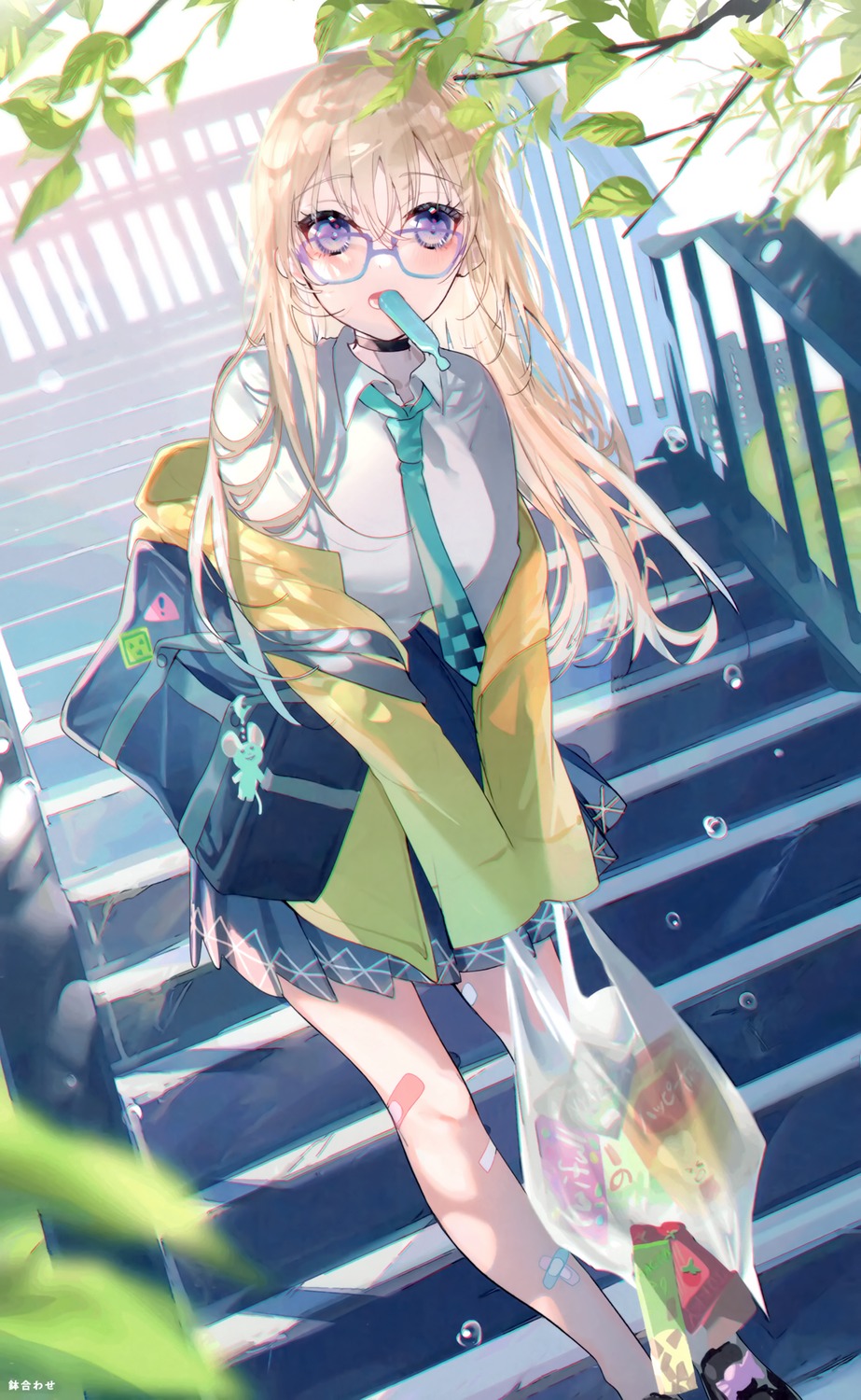 bandaid, megane, miwano_rag, sanshoku_nattou_meshi, seifuku
