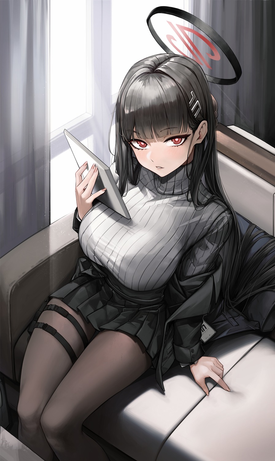 anizi, blue_archive, bra, business_suit, garter, halo, pantyhose, see_through, sweater, tsukatsuki_rio