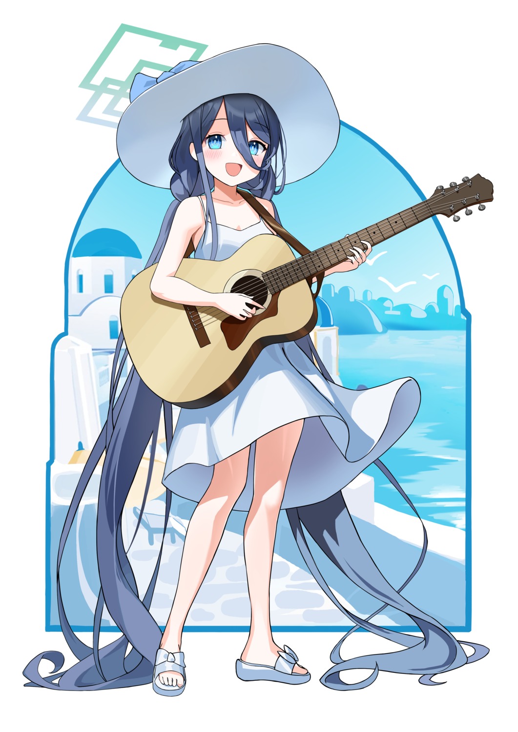 blue_archive, domodomo0708, dress, guitar, halo, summer_dress, tendou_aris