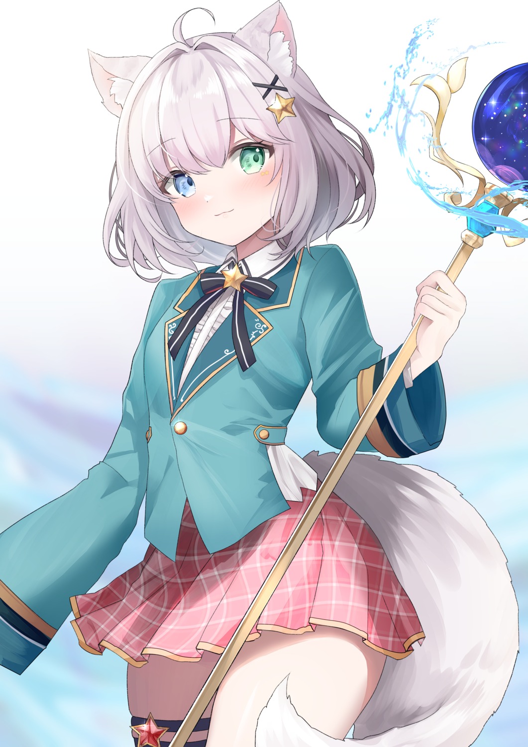 animal_ears, garter, heterochromia, kurage_cc, layla_(oda), seifuku, tail, tattoo, weapon