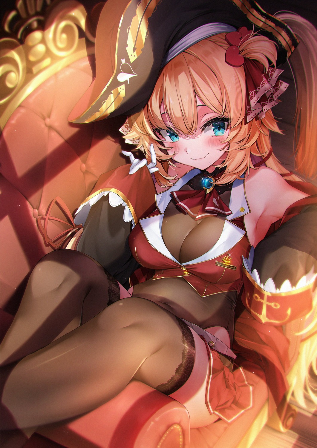 akai_haato, cleavage, cosplay, hololive, houshou_marine, makinan, pirate, see_through