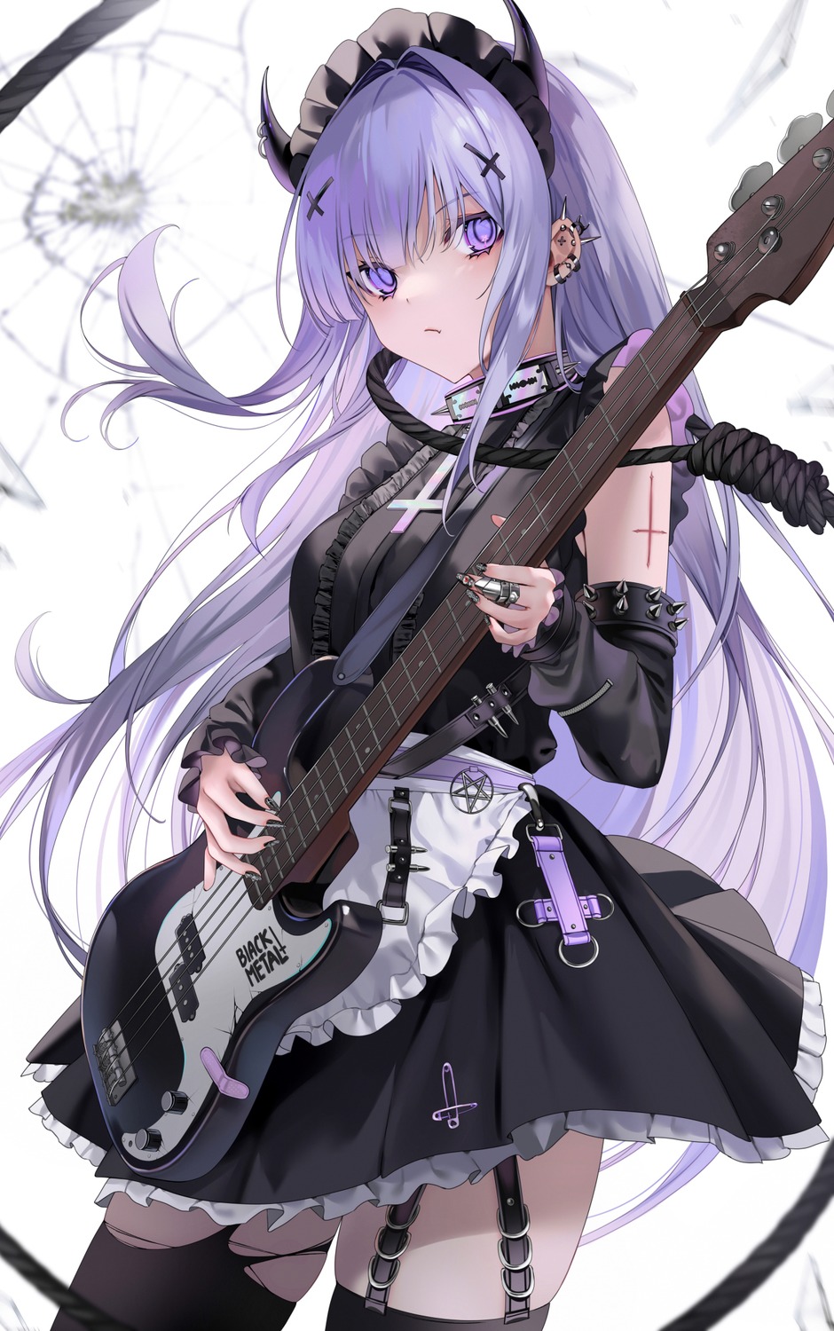 dress, gothic_lolita, guitar, horns, lolita_fashion, ompf, stockings, tattoo, thighhighs, torn_clothes