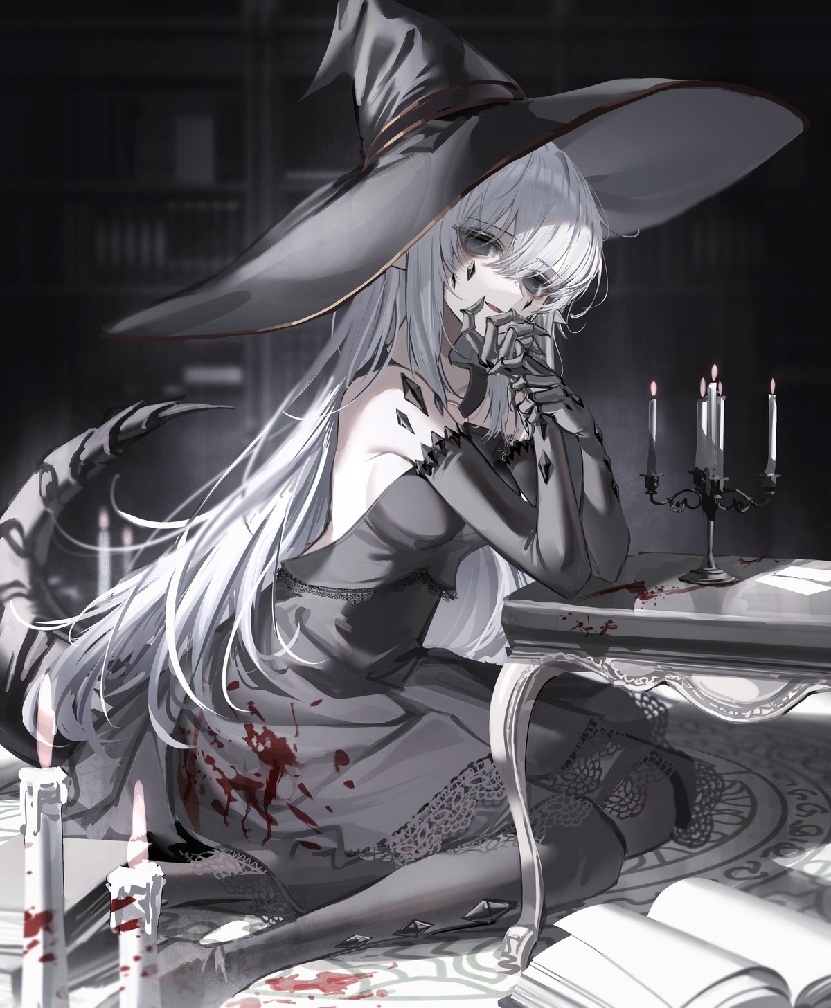 blood, dress, moduku, no_bra, pointy_ears, tail, witch