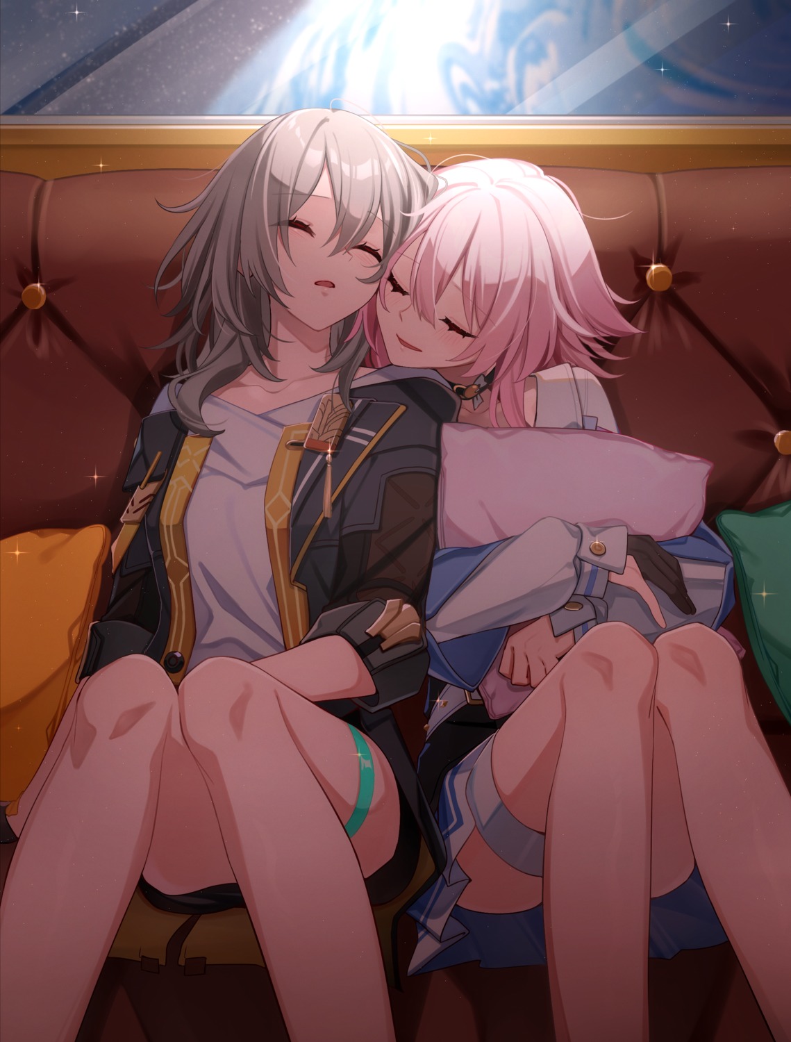 garter, honkai:_star_rail, march_7th, skirt_lift, stelle, yodare_(3yami8), yuri