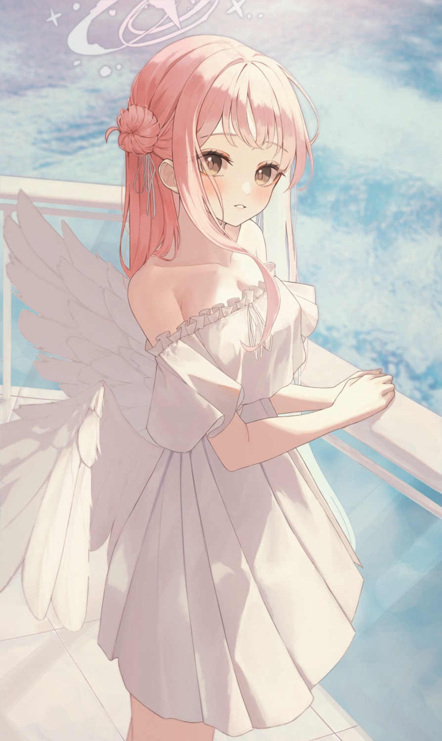 angel, blue_archive, dress, misono_mika, no_bra, shiina_1001, summer_dress, wings
