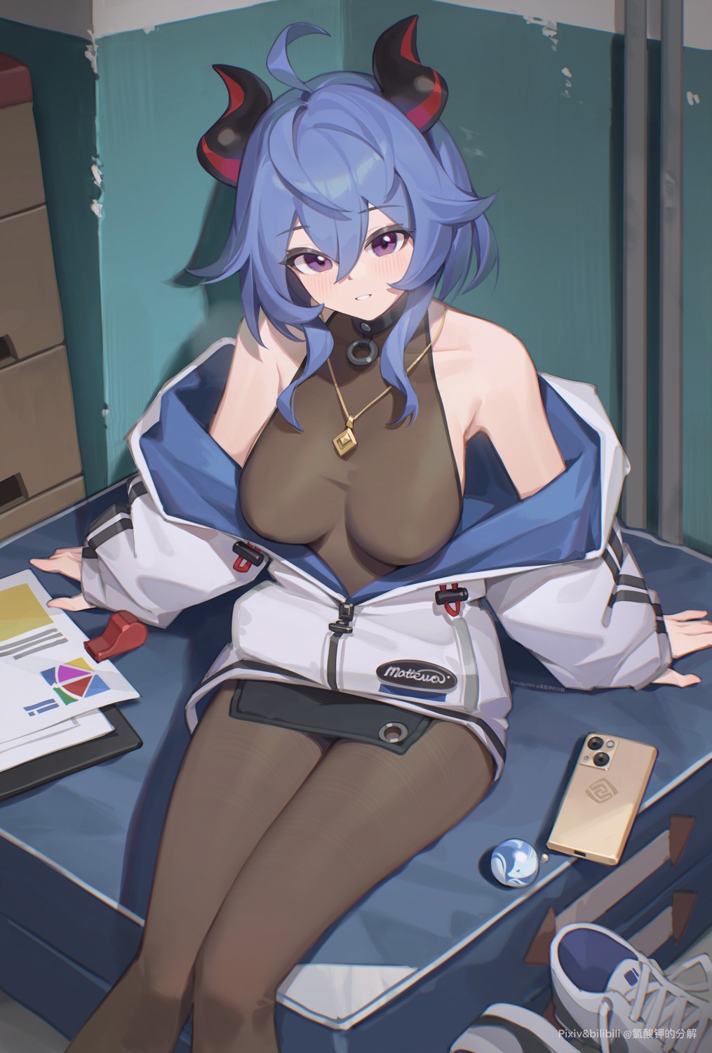 bilibili_xiaolu, ganyu, genshin_impact, horns, leotard, no_bra, open_shirt