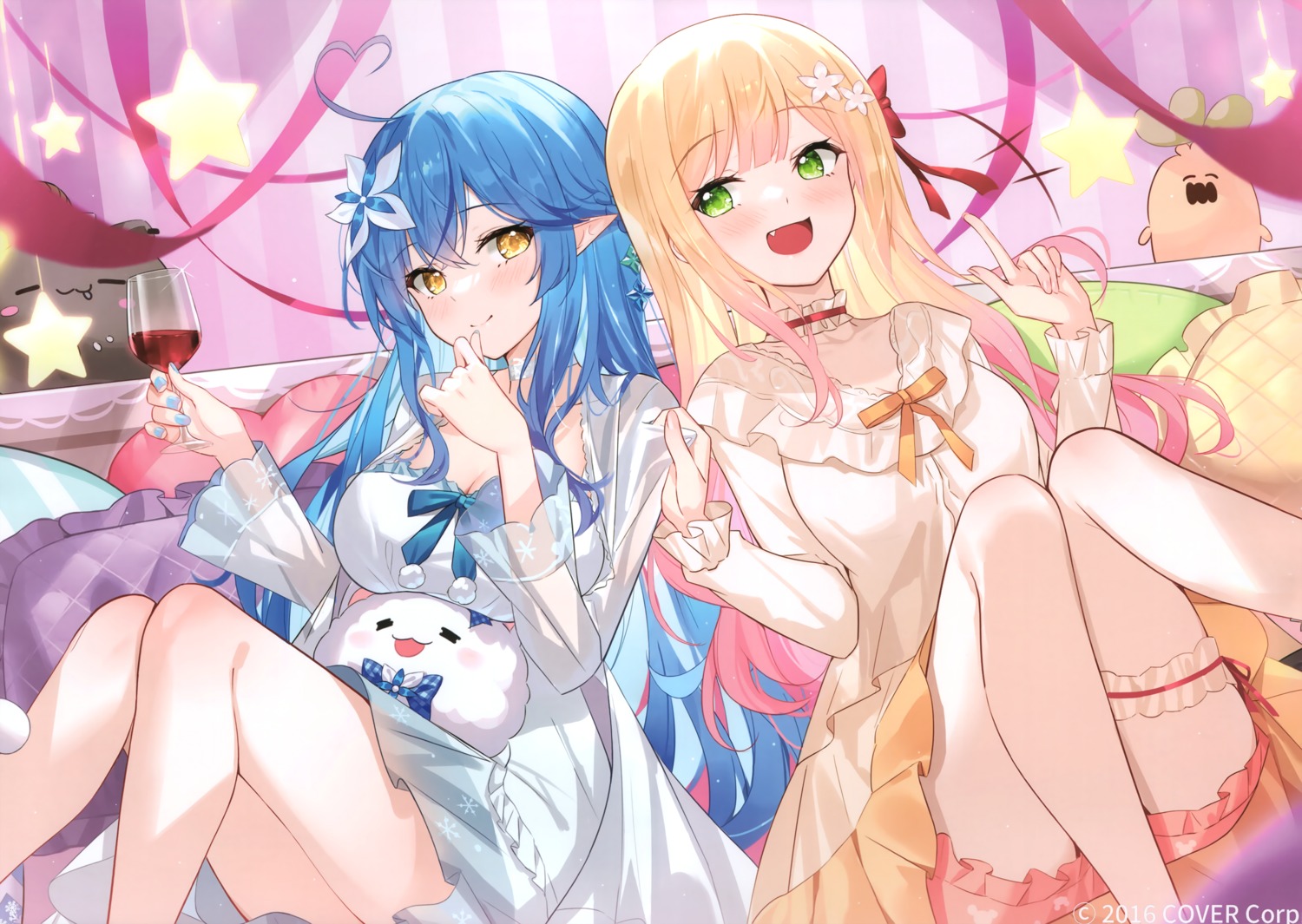 black_fire, dress, elf, garter, hololive, momosuzu_nene, pointy_ears, yukihana_lamy