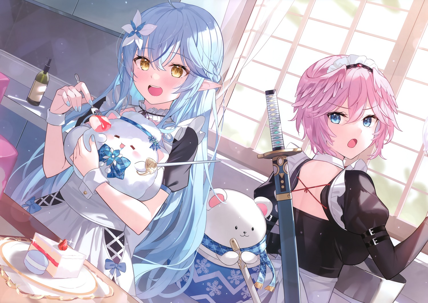 black_fire, daifuku_(yukihana_lamy), elf, hololive, maid, pointy_ears, sword, takane_lui
