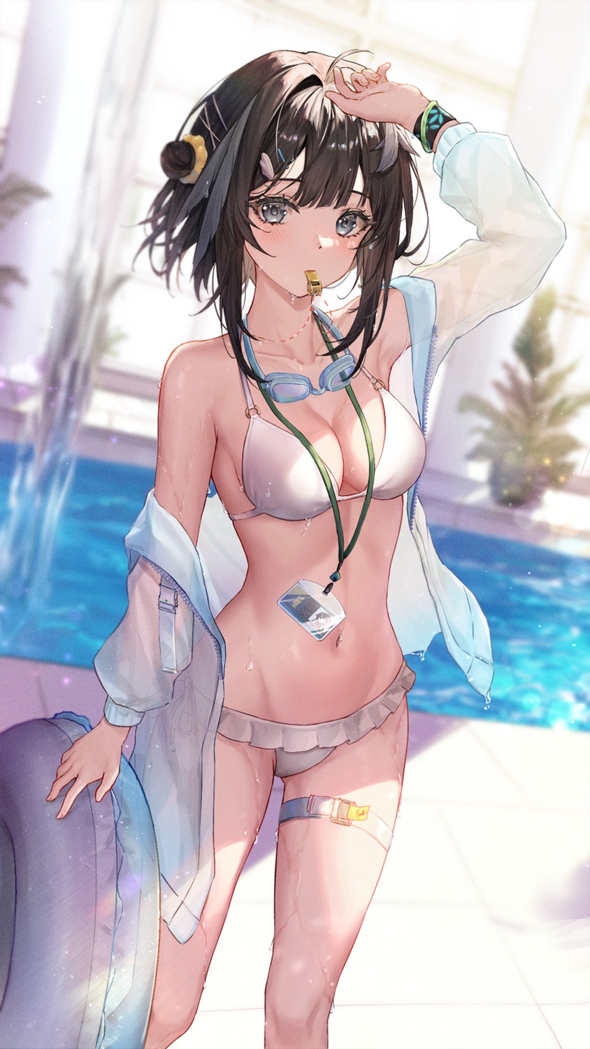 arknights, atychi, bikini, garter, la_pluma_(arknights), open_shirt, see_through, swimsuits, wet, wet_clothes