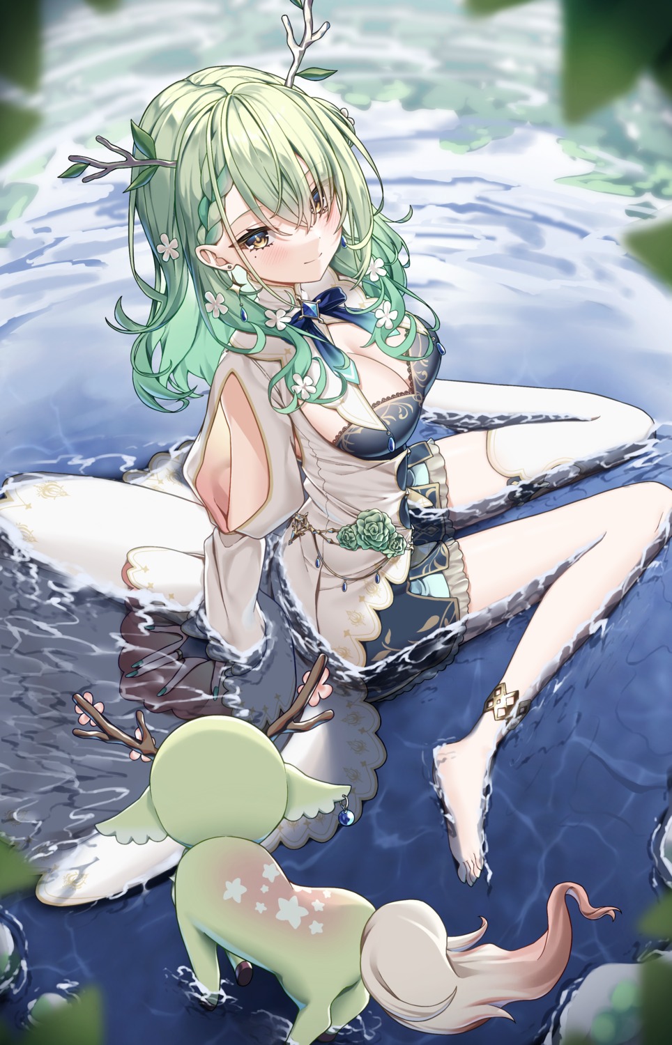 ceres_fauna, hololive, hololive_english, honeyhoppin, horns, thighhighs, wet