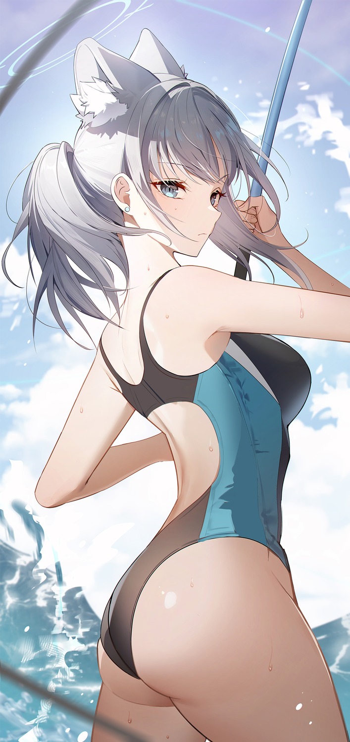 animal_ears, ass, blue_archive, eucha, halo, nekomimi, sunaookami_shiroko, swimsuits, umbrella, wet