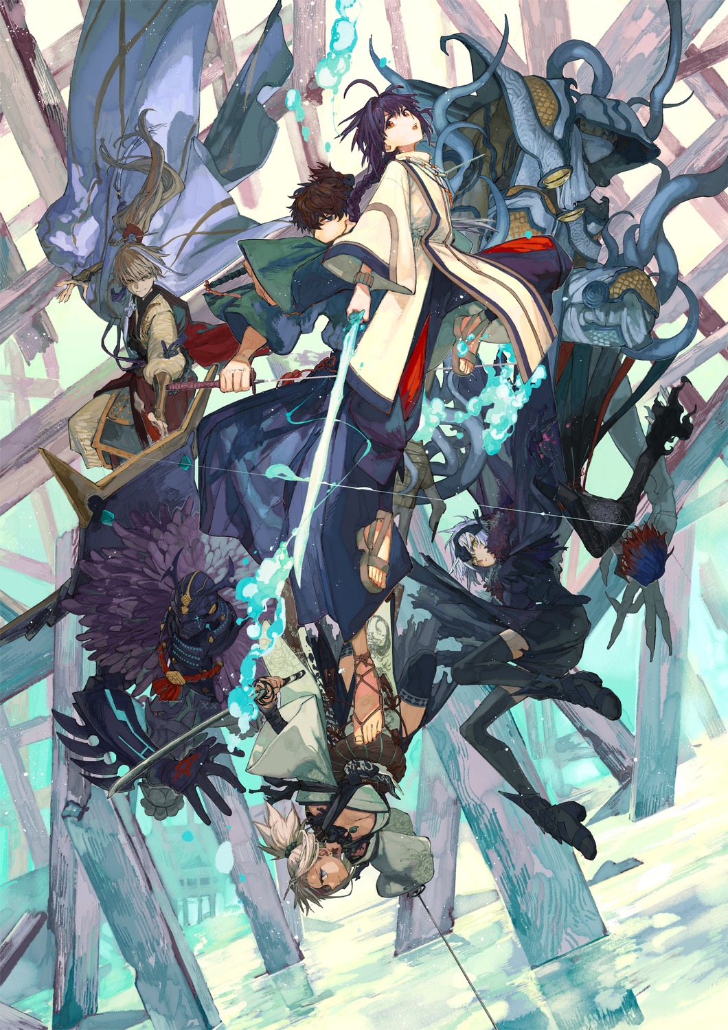 fate/samurai_remnant, jeanne_d'arc, jeanne_d'arc_(fate), koga_saburo_(fate), minamoto_no_raikou_(fate), miyamoto_iori_(fate), miyamoto_musashi_(fate), sword, tagme, tentacles, yamato_takeru_(fate), zhou_yu_(fate)