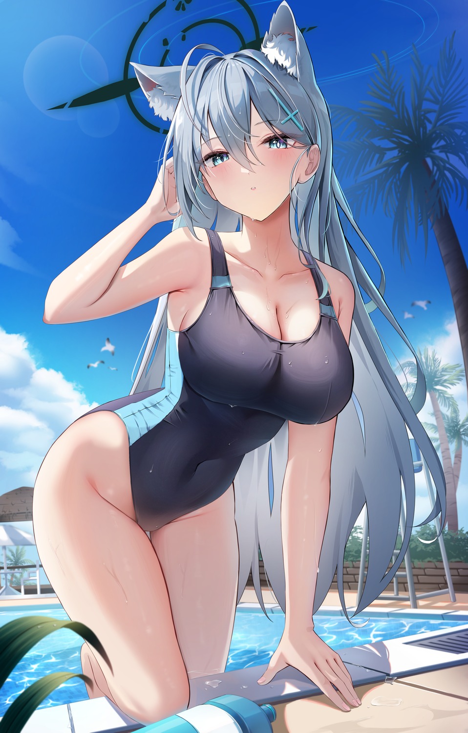 animal_ears, blue_archive, cleavage, halo, li_se, nekomimi, sunaookami_shiroko, sunaookami_shiroko_terror, swimsuits, wet
