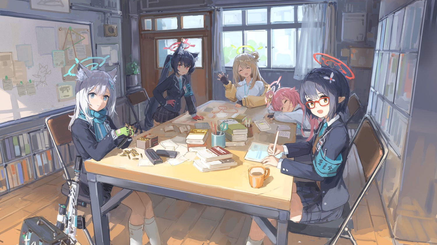 animal_ears, blue_archive, gun, halo, izayoi_nonomi, kuromi_serika, megane, meinoss, nekomimi, okusora_ayane, pointy_ears, seifuku, sketch, sunaookami_shiroko, sweater, takanashi_hoshino
