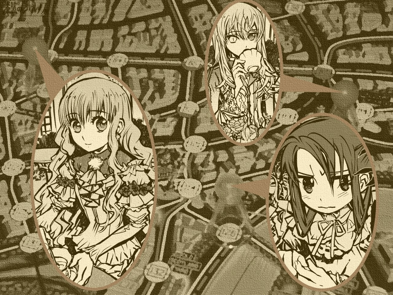 akira_(kaned_fools), angelica_derleth, charlotte_bronte, mary_clarissa_christie, monochrome, shikkoku_no_sharnoth, wallpaper