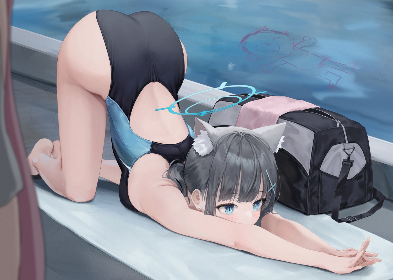 animal_ears, bbul_horn, blue_archive, halo, nekomimi, sunaookami_shiroko, swimsuits