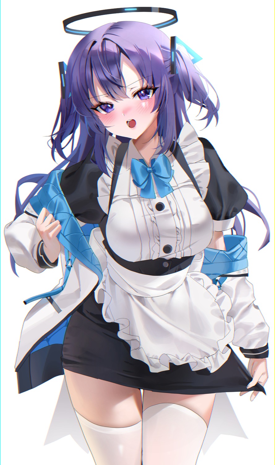 blue_archive, emduck, halo, hayase_yuuka, maid, thighhighs, undressing