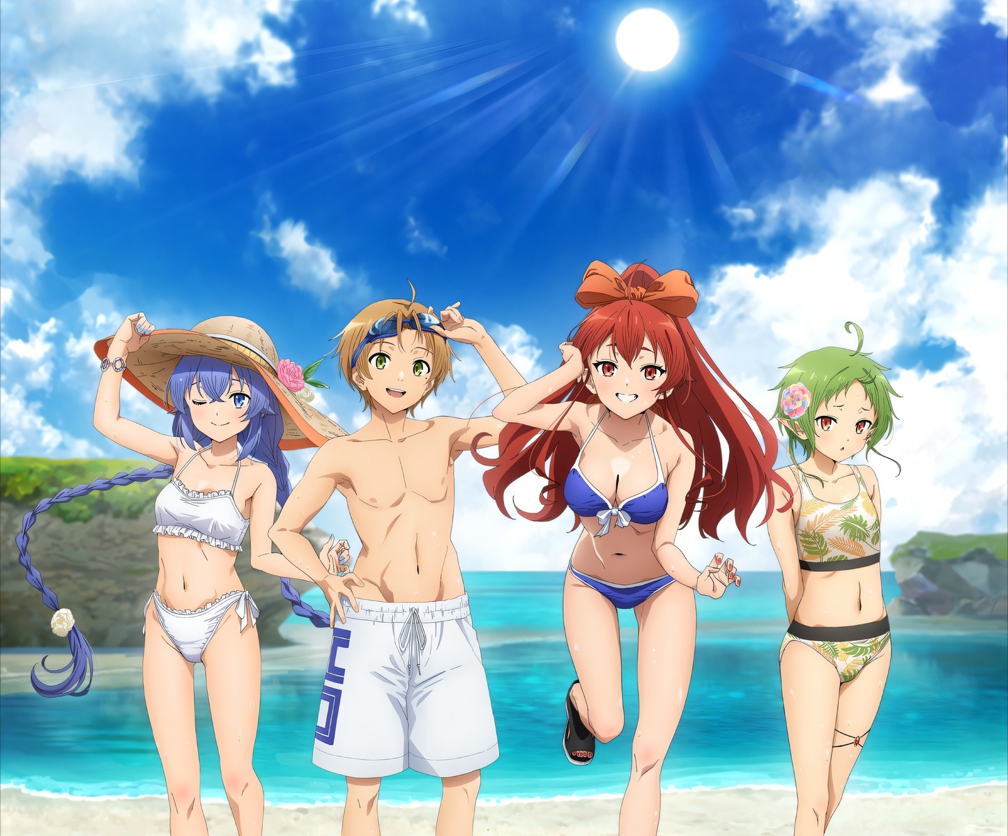 bikini, elf, eris_boreas_greyrat, garter, mushoku_tensei, pointy_ears, roxy_migurdia, rudeus_greyrat, swimsuits, sylphiette, tagme