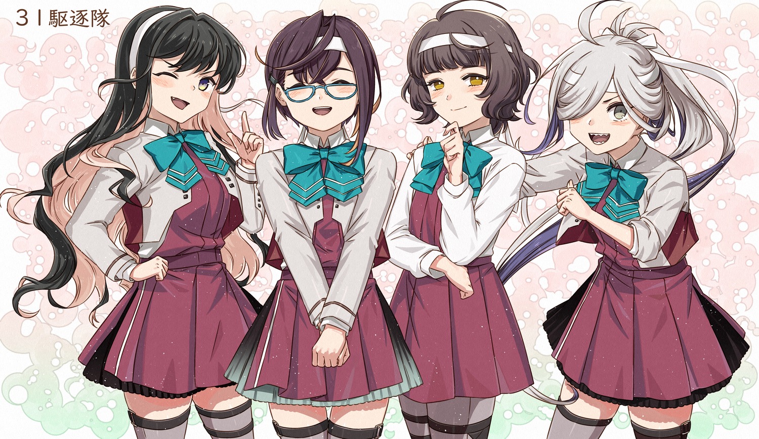 asashimo_(kancolle), garter, kanmiya_shinobu, kantai_collection, kishinami_(kancolle), megane, naganami_(kancolle), okinami_(kancolle), pantyhose, seifuku, thighhighs