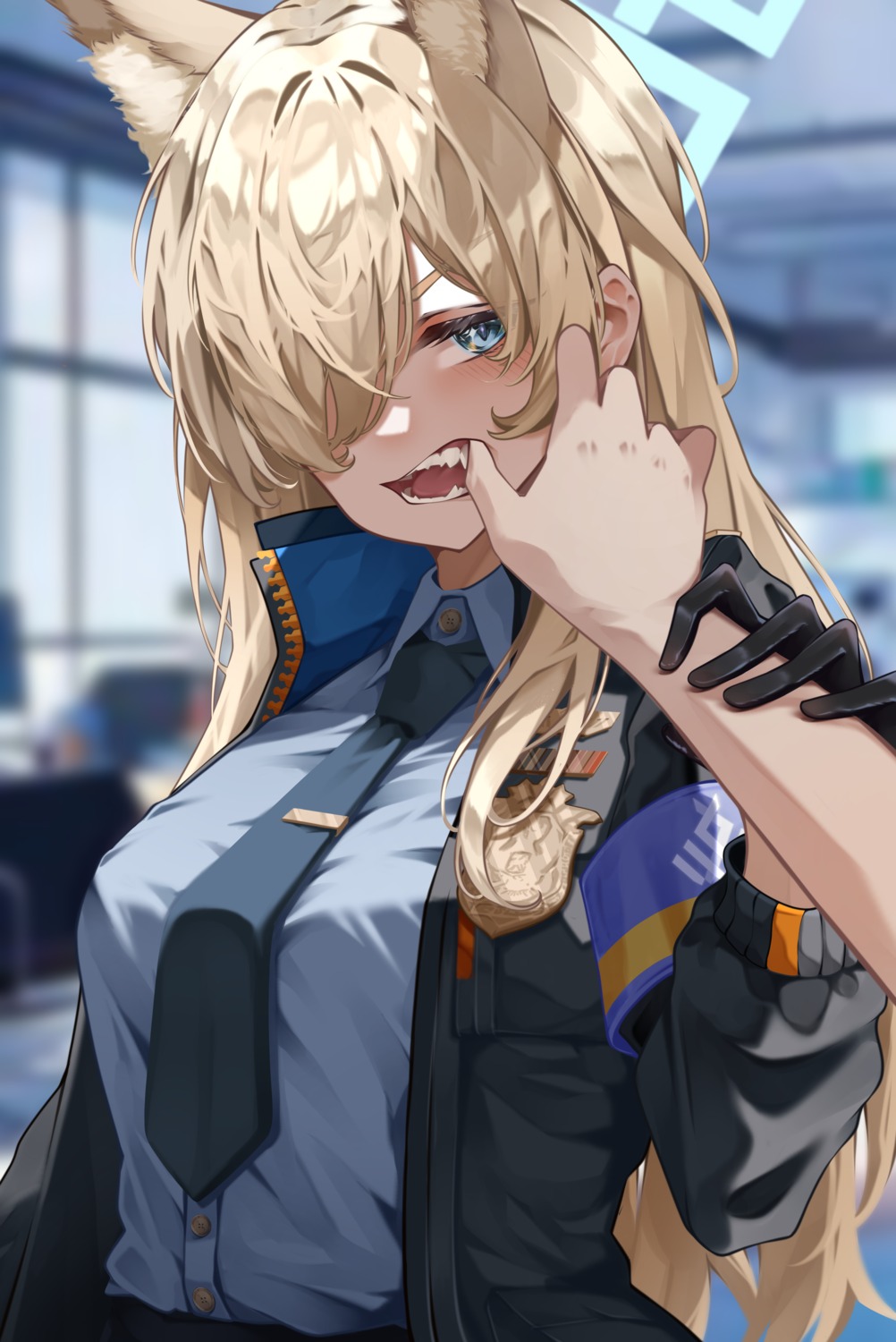 animal_ears, blue_archive, halo, hanahashi_bagara, inumimi, ogata_kanna_(blue_archive), police_uniform