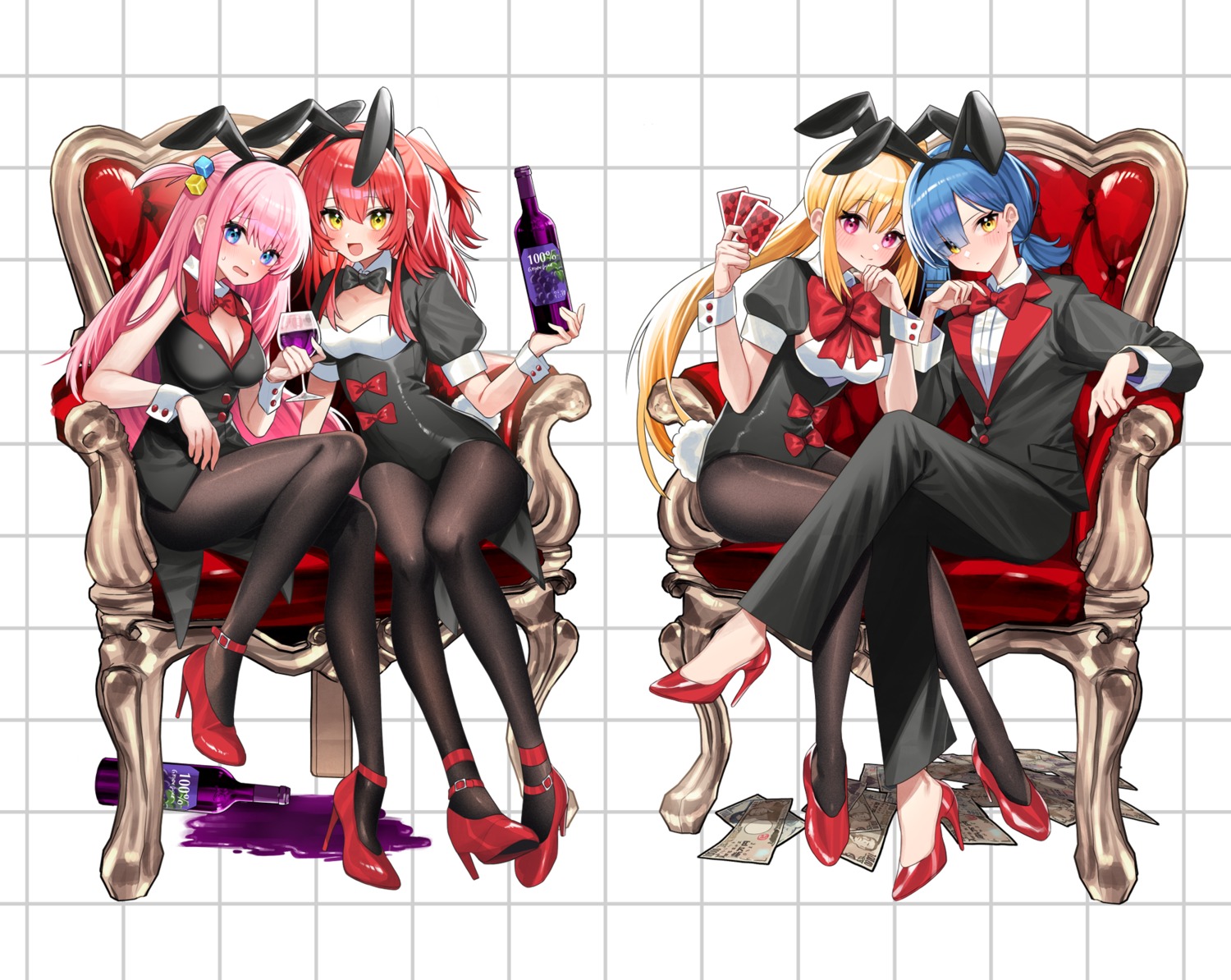 animal_ears, bocchi_the_rock!, bunny_ears, bunny_girl, cleavage, edajima_denki, gotou_hitori, heels, ijichi_nijika, kita_ikuyo, no_bra, pantyhose, yamada_ryou