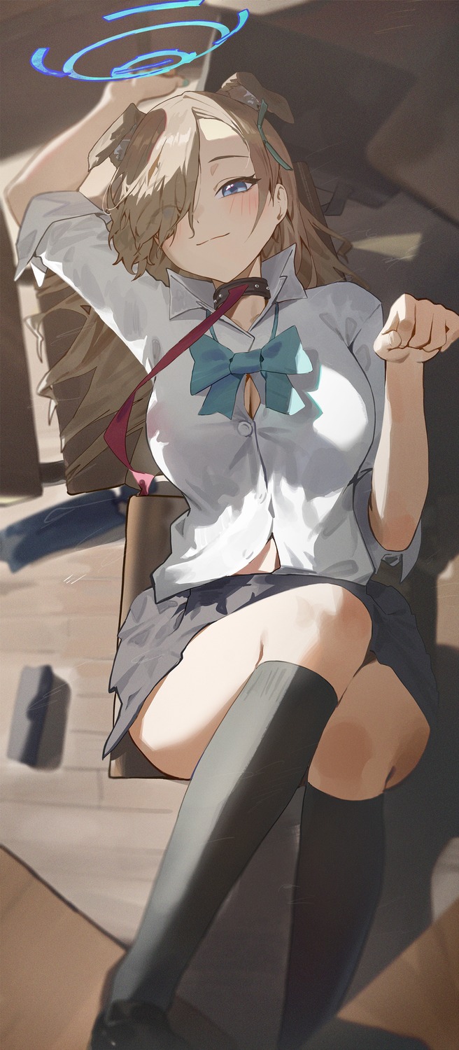 animal_ears, blue_archive, cleavage, halo, ichinose_asuna, kji_(rozo), seifuku, skirt_lift