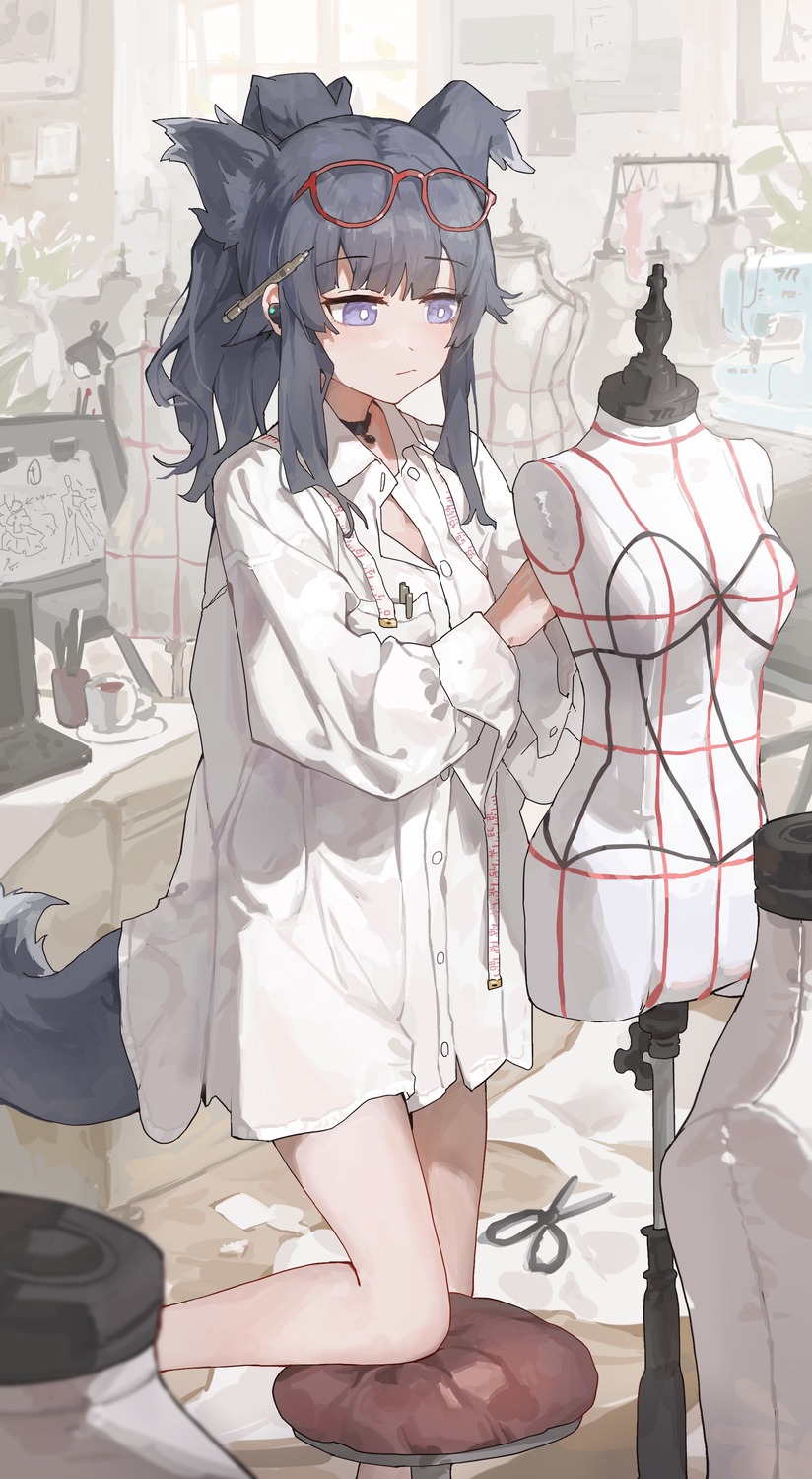 animal_ears, blue_archive, dress_shirt, halo, inumimi, megane, nekozuka_hibiki, sentter, tail