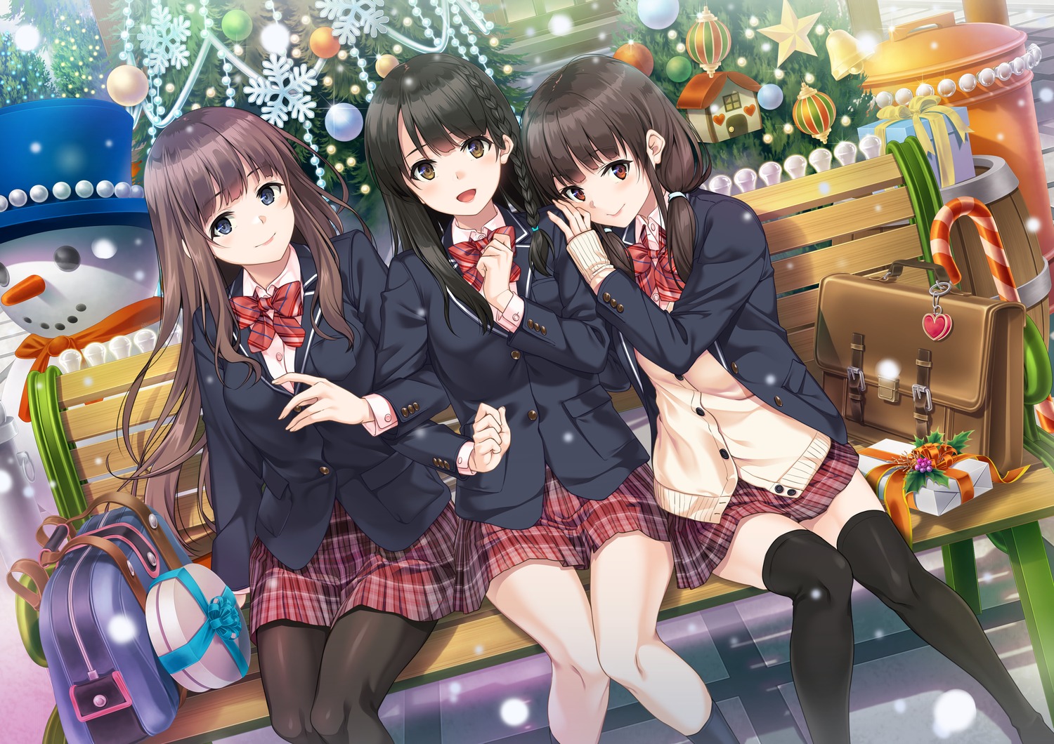 amari_mito, christmas, fuyu_kiss, giga, mikasa_yuki, pantyhose, seifuku, shinomiya_touka, sweater, thighhighs, unasaka