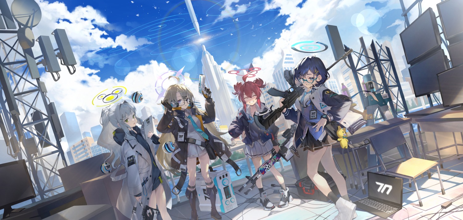 blue_archive, gun, halo, kagami_chihiro, konuri_maki, ktr_(tpun2553), megane, omagari_hare, otose_kotama, seifuku