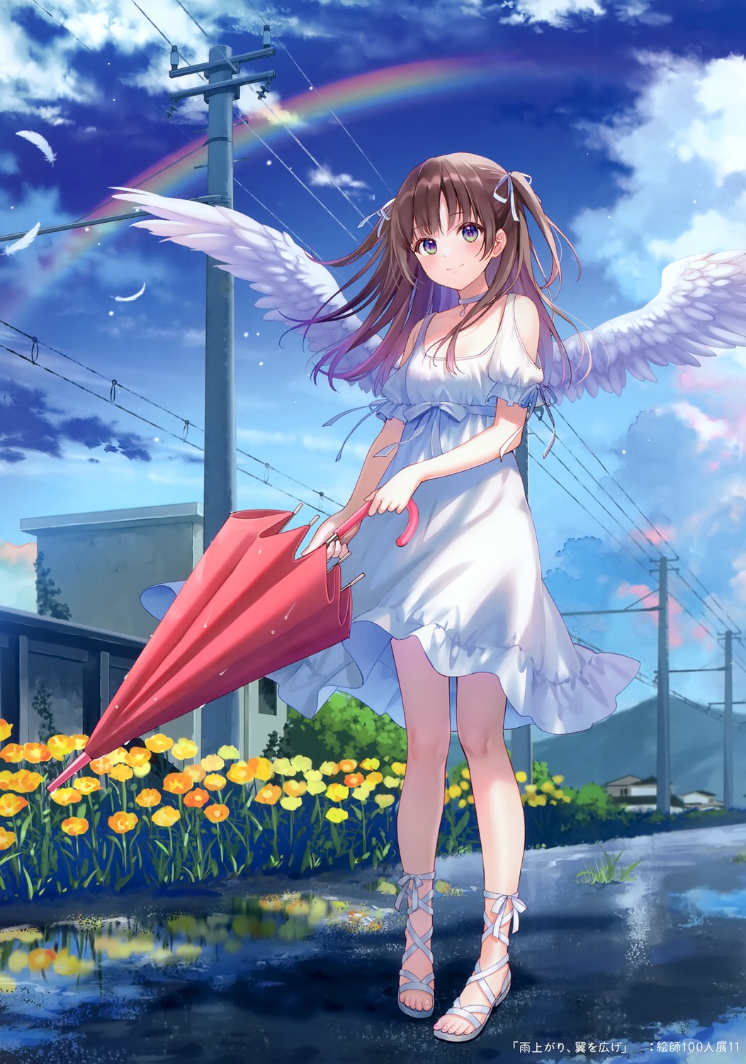 angel, dress, fukahire, ruinon, summer_dress, umbrella, wings