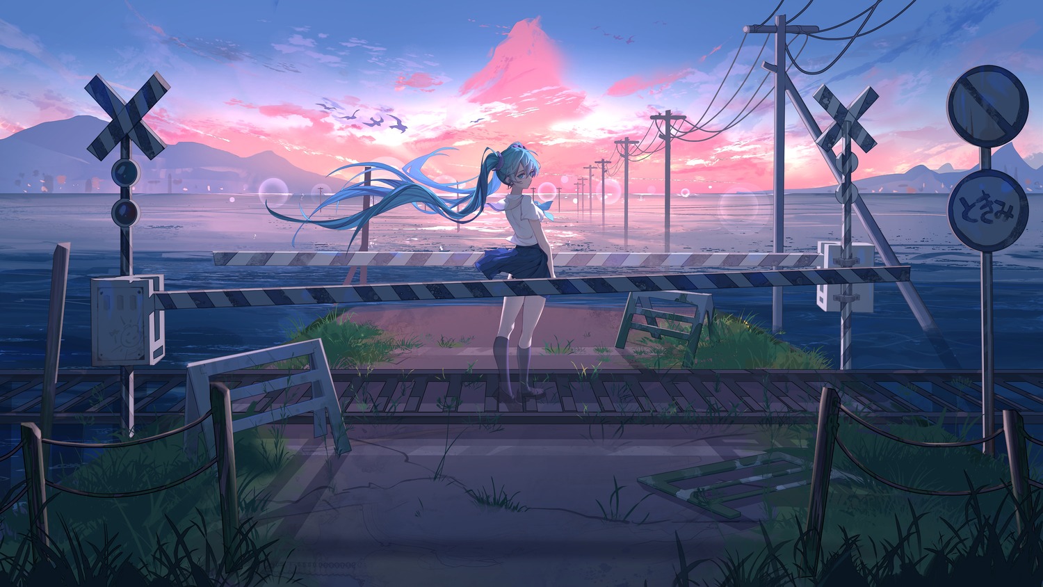 black_lynx_(artist), hatsune_miku, landscape, seifuku, shoujo_rei_(vocaloid), skirt_lift, vocaloid