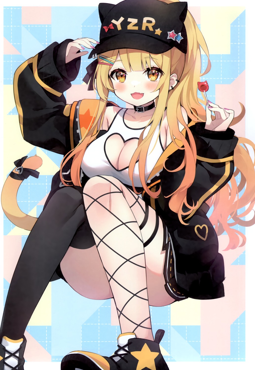 animal_ears, ayamy, cleavage, fishnets, garter, hachigo, hololive, nekomimi