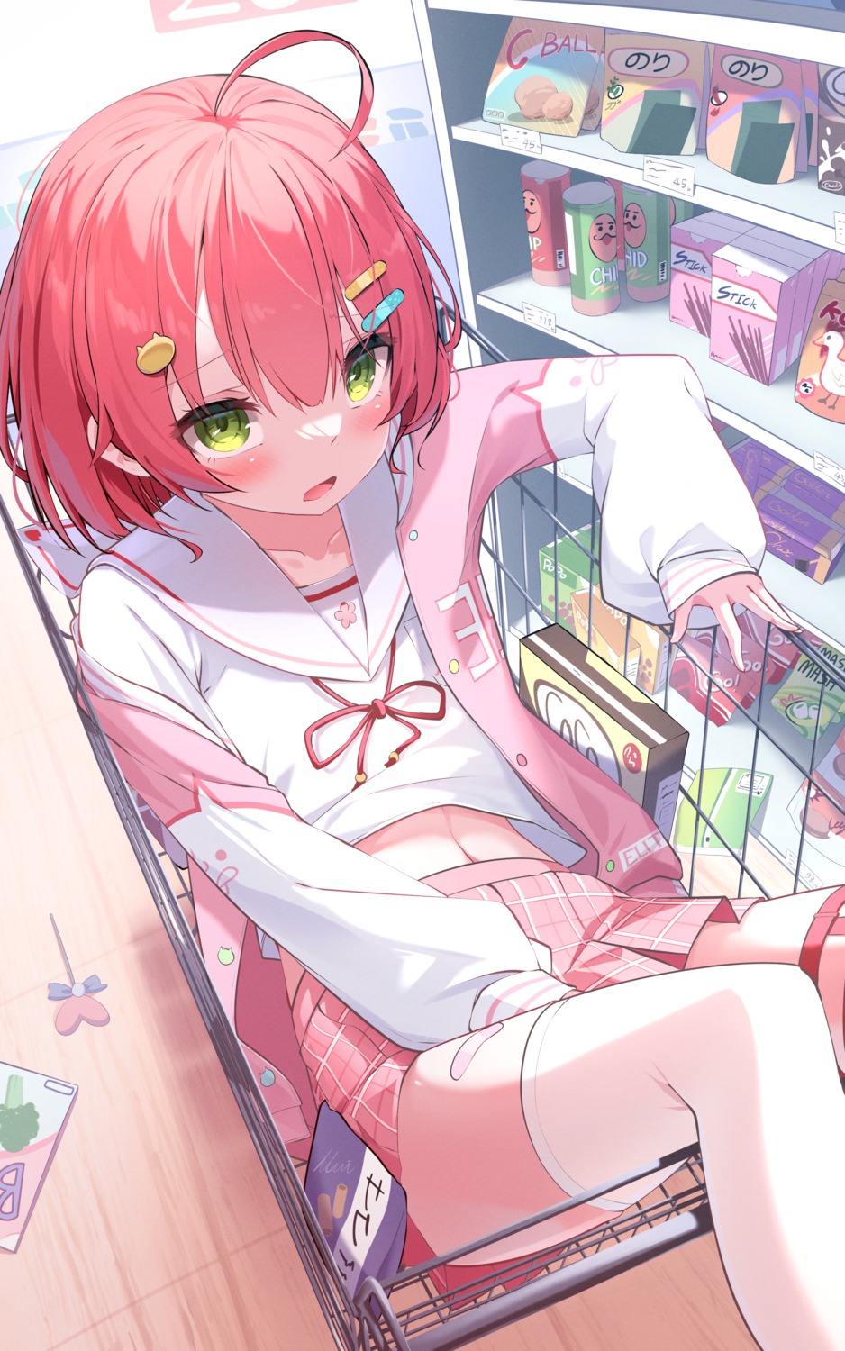 bandaid, garter, hololive, maeru, sakura_miko, seifuku, thighhighs