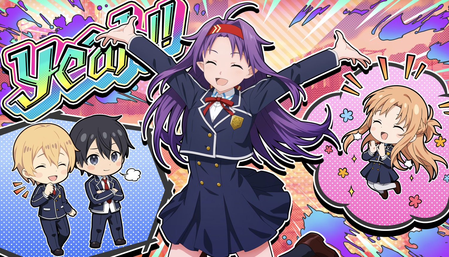 alfheim_online, asuna_(sword_art_online), chibi, eugeo, kirito, konno_yuuki, pointy_ears, seifuku