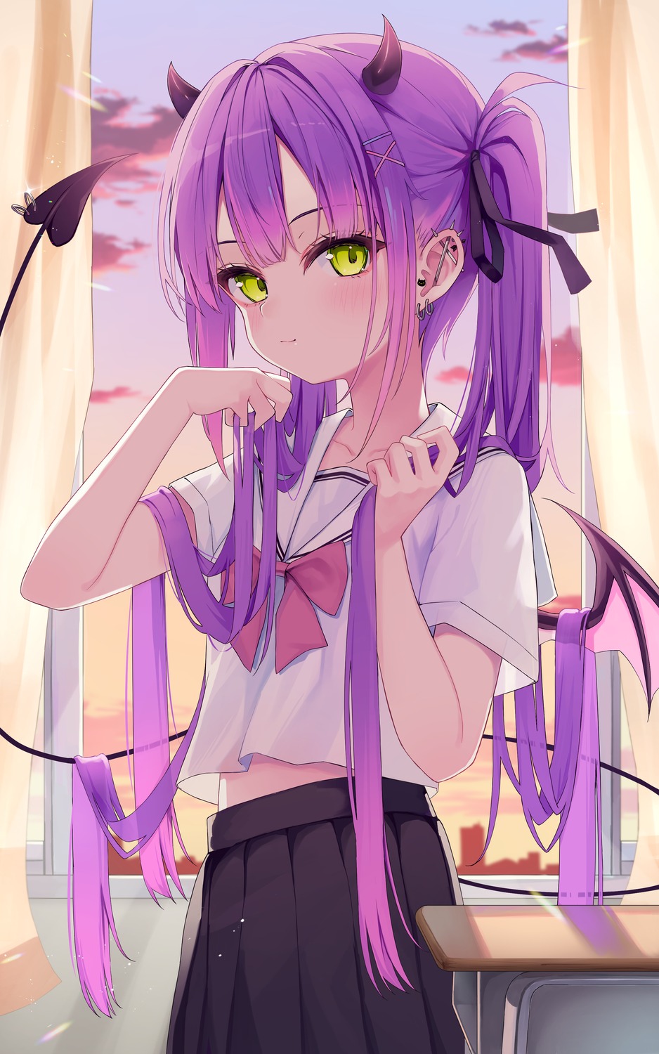 333shishishi333, devil, hololive, horns, seifuku, tail, tokoyami_towa, wings