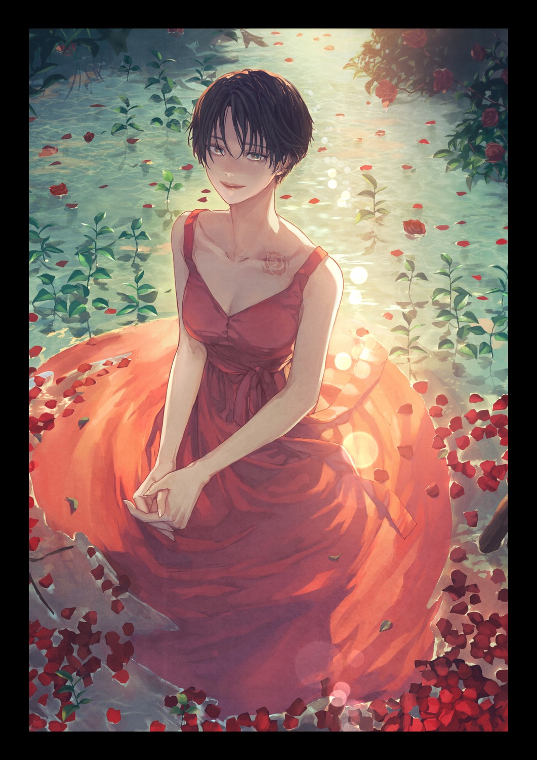 cleavage, dress, imoni_(gggzooo), no_bra, tattoo, wet, wet_clothes