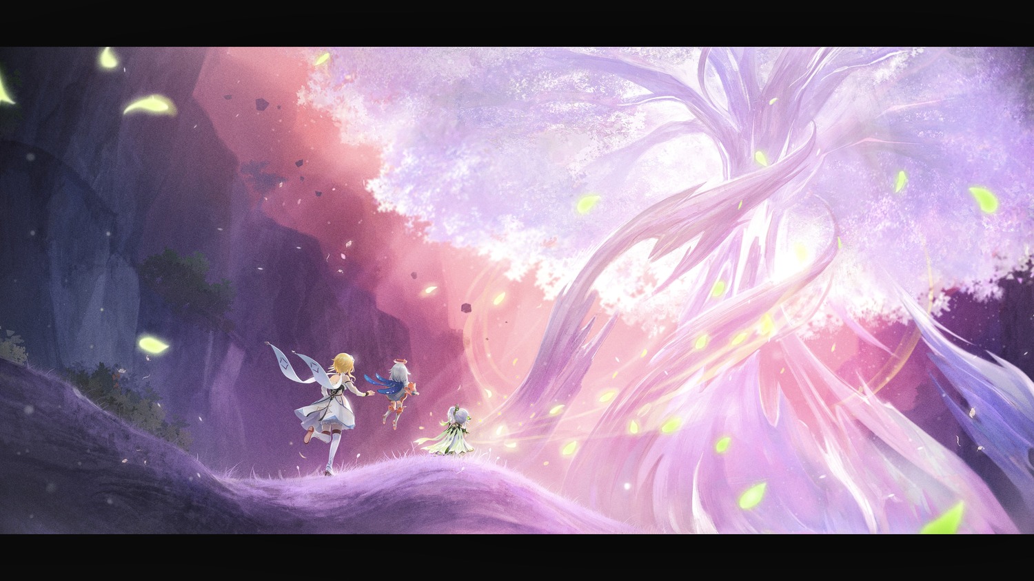 anna_(drw01), dress, genshin_impact, landscape, lumine, nahida, paimon, pointy_ears