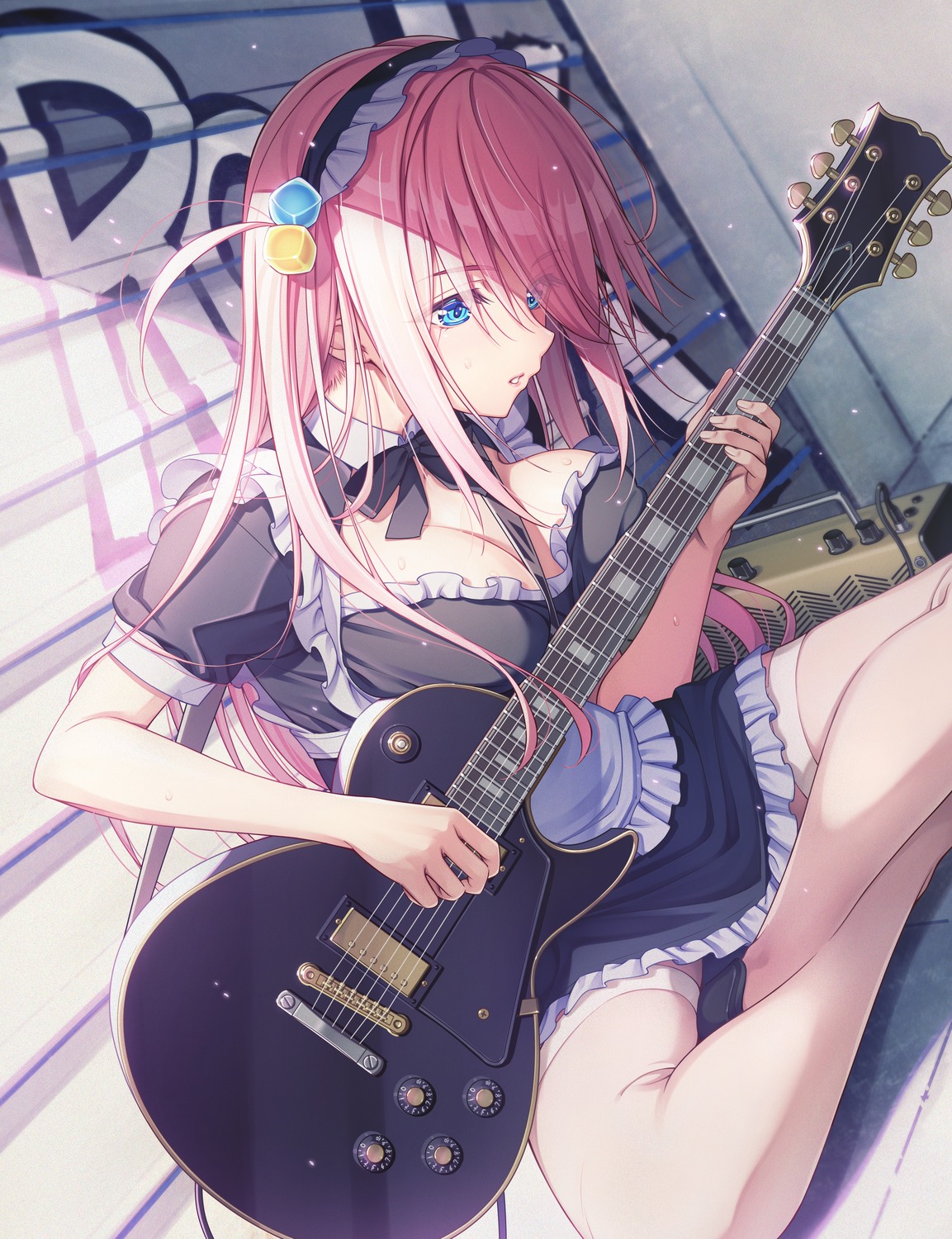 bocchi_the_rock!, gotou_hitori, guitar, ikeda_yasuhiro, maid, thighhighs