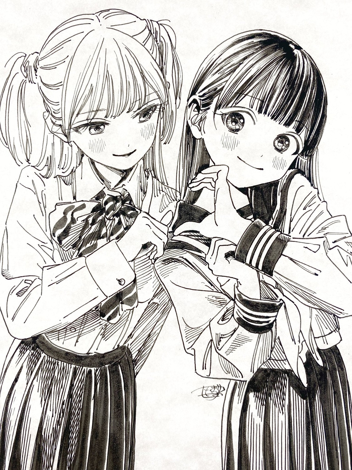 akebi-chan_no_serafuku, akebi_komichi, hiro_(pixiv1709153), kizaki_erika, monochrome, seifuku, sketch