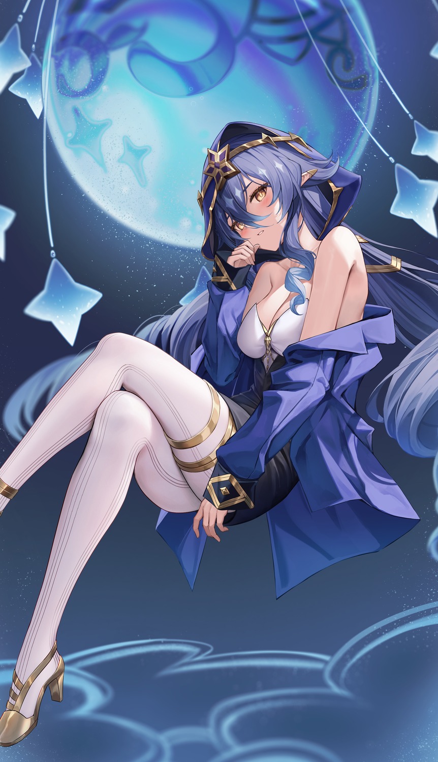 garter, genshin_impact, heels, layla_(genshin_impact), lunacle, no_bra, pantyhose, pointy_ears